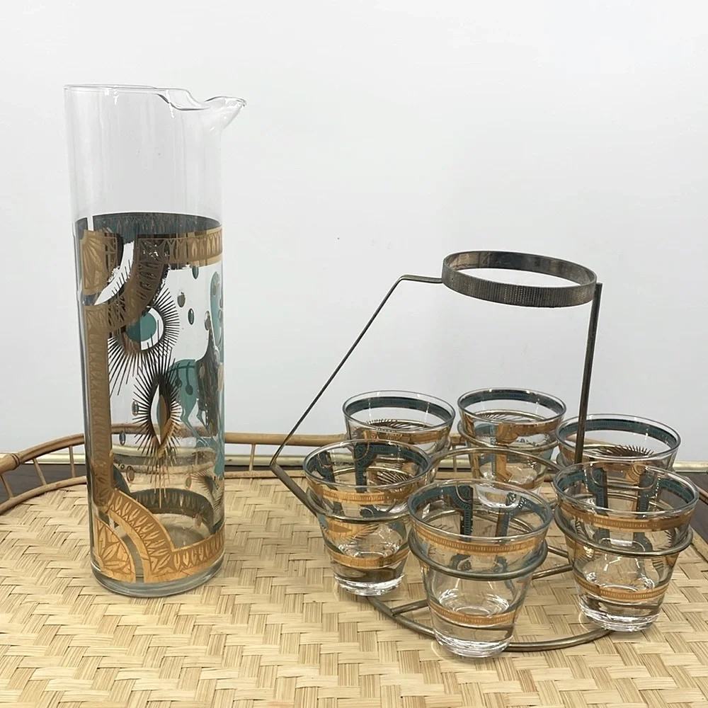 Vintage 60’s Fred Press Trojan Horse 22k Gold Turquoise 8 Pc MCM Barware Set